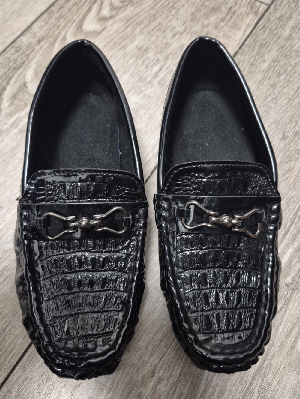 Boys Fashion Soft glossy black loafers with a crocodile print & a silver buckle